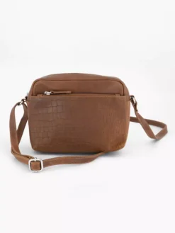 Cognac Leren Schoudertas Slangenprint