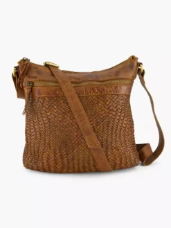 Bruine Leren Schoudertas Gevlochten